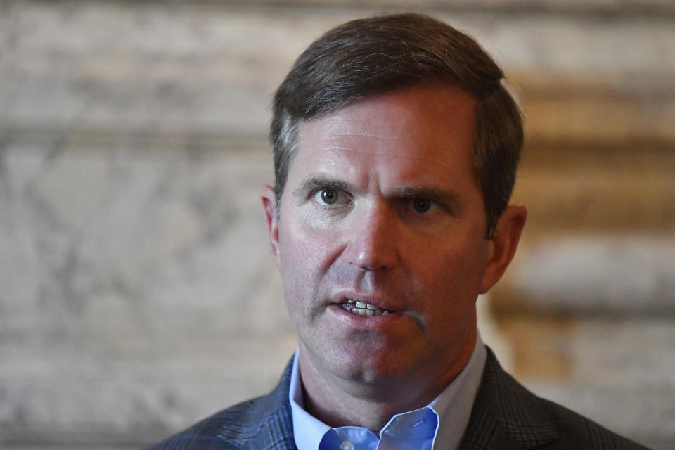 FILE - Kentucky Governor Andy Beshear replies to a question during his first interview following his re-election in the Kentucky Governors race in the State Reception Room at the Kentucky State Capitol Frankfort, Ky., Wednesday, Nov. 8, 2023. On Friday, Nov. 10, The Associated Press reported on stories circulating online incorrectly claiming reports of a gas leak at a Kentucky polling place were an election-rigging tactic to gain more votes for Beshear. (AP Photo/Timothy D. Easley, File)