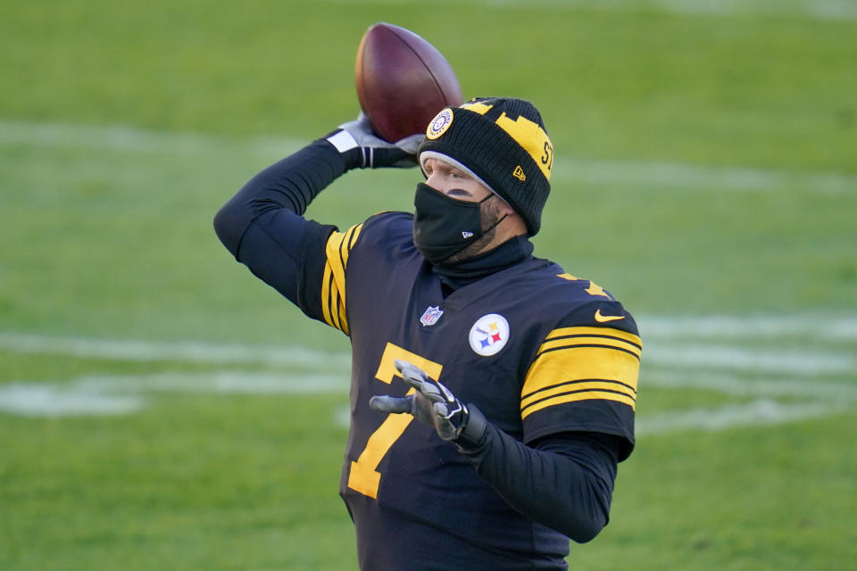 Pittsburgh Steelers quarterback Ben Roethlisberger (7) warms up before an NFL football game against the Baltimore Ravens, Wednesday, Dec. 2, 2020, in Pittsburgh. (AP Photo/Gene J. Puskar)