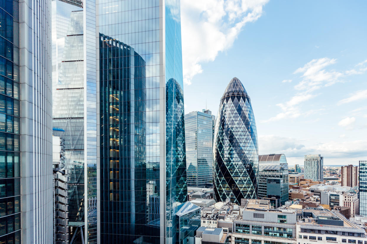 Aerial view of skyscrapers in City of London, England, UK