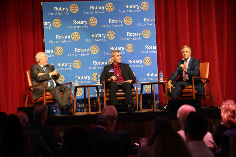 Discussion of the new podcast "You Might Be Right" at the Rotary Club of Nashville, Sept. 12, 2022, at the Wildhorse Saloon.   From left to right, former Gov. Phil Bredesen, Tennessean Opinion and Engagement Director David Plazas, and former Gov. Bill Haslam.