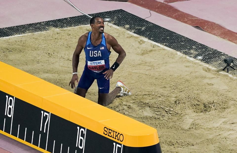 Christian Taylor, of the United States, reacts after his final jump as he wins the men's triple jump finals at the World Athletics Championships in Doha, Qatar, Sunday, Sept. 29, 2019. (AP Photo/Morry Gash)