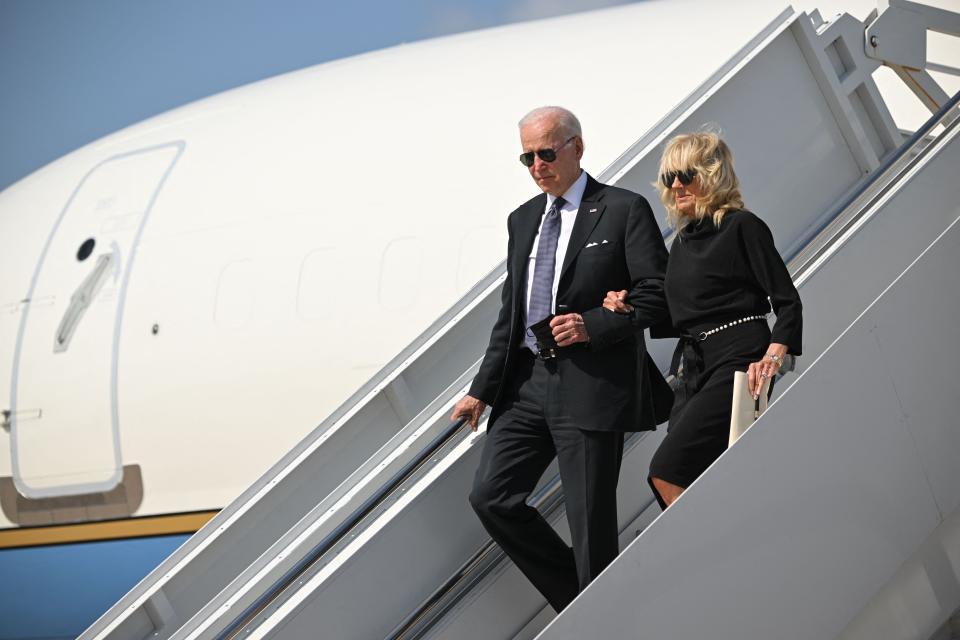 US President Joe Biden and First Lady Jill Biden step off Air Force One upon arrival at Kelly Field in San Antonio, Texas on May 29, 2022.