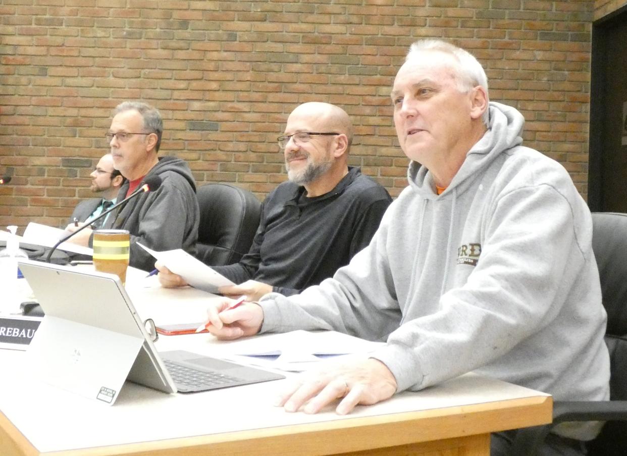 Members of the Bucyrus City Council Finance listen to discussion during a meeting Thursday. From left are Brian Gernert, interim city law director; and committee members Mark Makeever, Kevin Myers and Dan Wirebaugh.