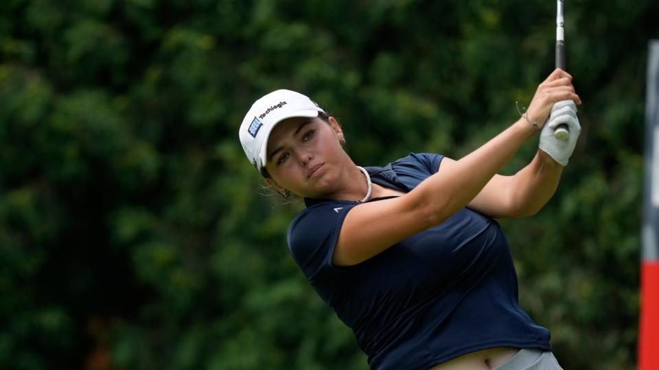 Alexa Pano plays during the final round of the Dow Great Lakes Bay Invitational golf tournament at Midland Country Club, Saturday, July 22, 2023, in Midland, Mich. (AP Photo/Carlos Osorio)