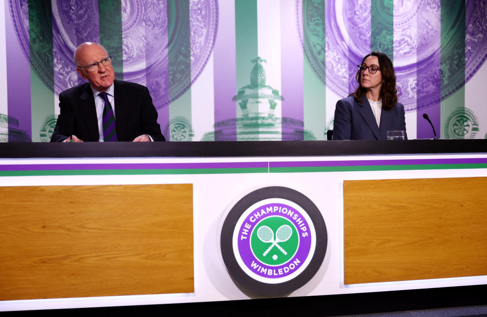 WIMBLEDON, ENGLAND - APRIL 26: Chairman of the All England Club, Ian Hewitt and Chief Executive of the All England Club, Sally Bolton speak to the press at The All England Lawn Tennis and Croquet Club on April 26, 2022 in London, England. (Photo by Clive Brunskill/Getty Images)