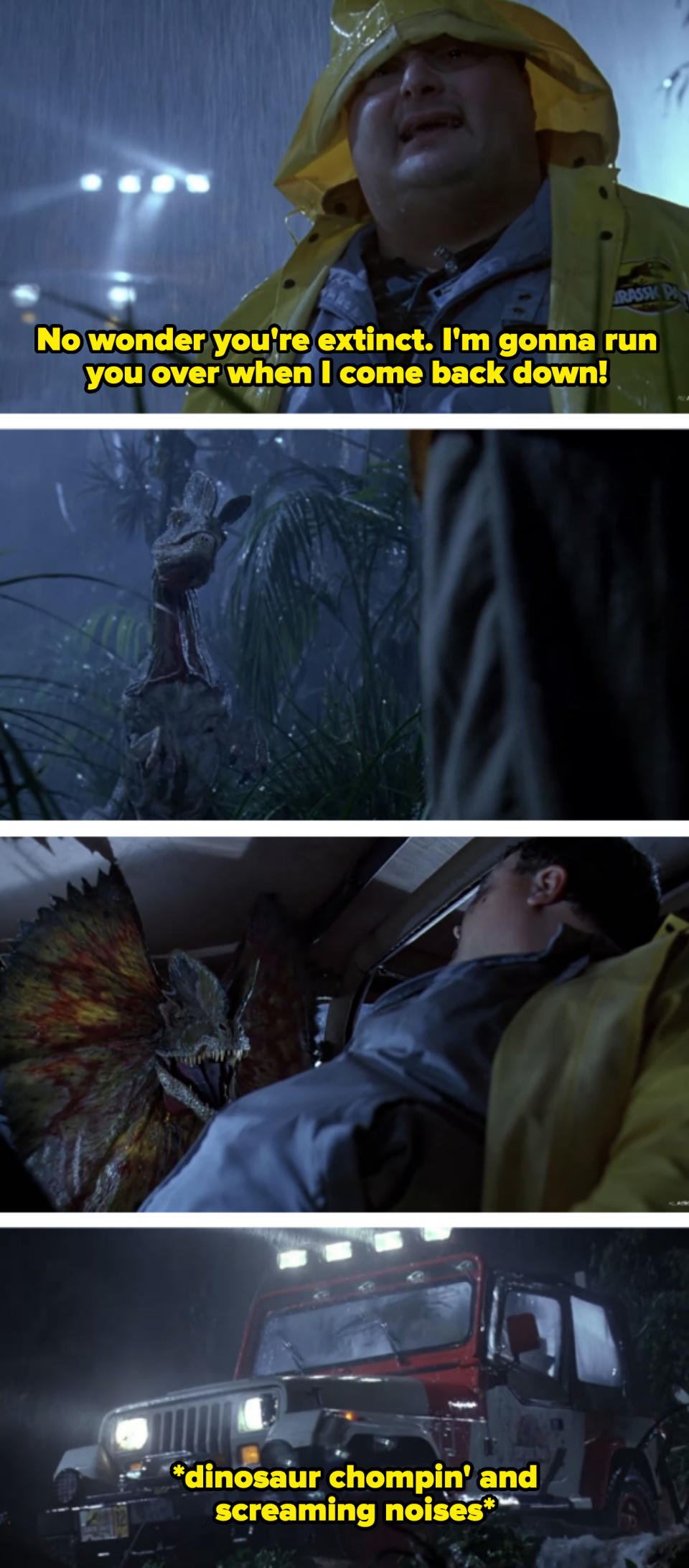 Man in rain gear faces a dinosaur; dinosaur lurks by a vehicle; vehicle's headlights in rain