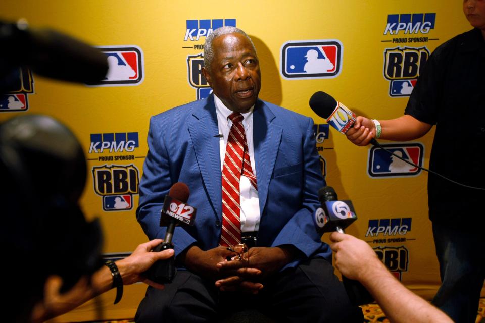 Hank Aaron discusses baseball today during an interview in Palm Beach Gardens, Fla., Tuesday, Aug. 4, 2009, before he spoke to the RBI World Series banquet. Aaron expressed his belief that all players who have used performance enhancement drugs be named and that the issue laid to rest.