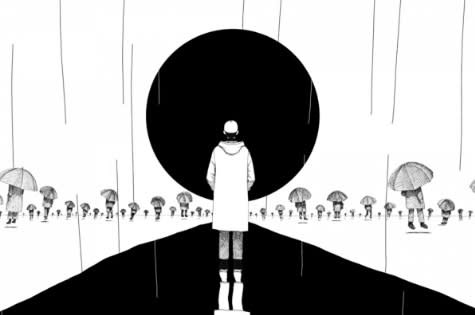 Screenshot from the "Forever Rain" music video showing a black and white animated figure surrounded by others holding umbrellas