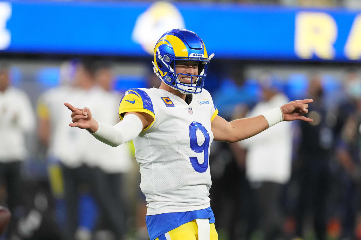 Los Angeles Rams quarterback Matthew Stafford celebrates in the fourth quarter against the Chicago Bears. (Kirby Lee/USA TODAY Sports)