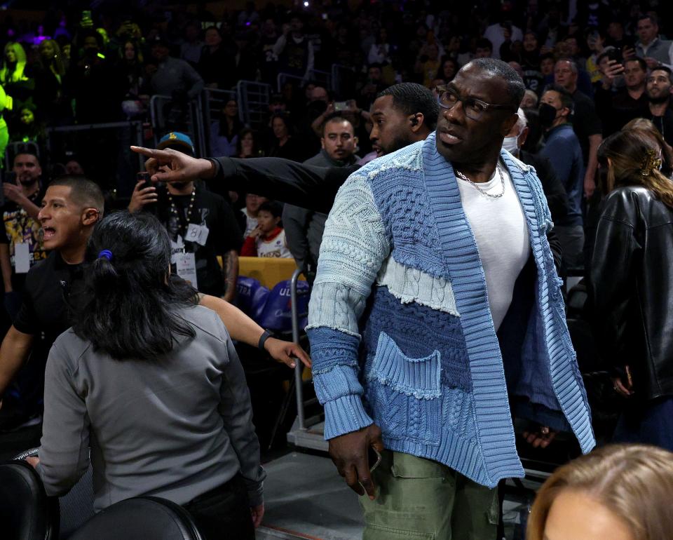 Shannon Sharpe reacts after the first half against the Los Angeles Lakers at Crypto.com Arena on January 20, 2023 in Los Angeles, California.