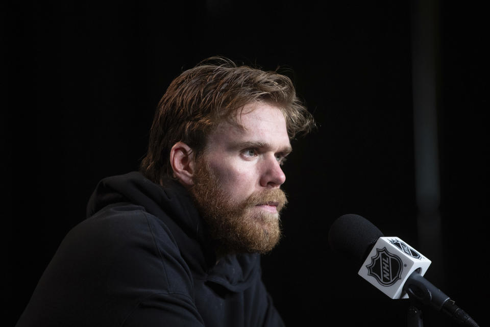 Edmonton Oilers' Connor McDavid speaks during an NHL hockey press conference, Wednesday, June 12, 2024, in Edmonton, Alberta. The Oilers host the Florida Panthers in Game 3 of the Stanley Cup Finals on Thursday. (Jason Franson/The Canadian Press via AP)