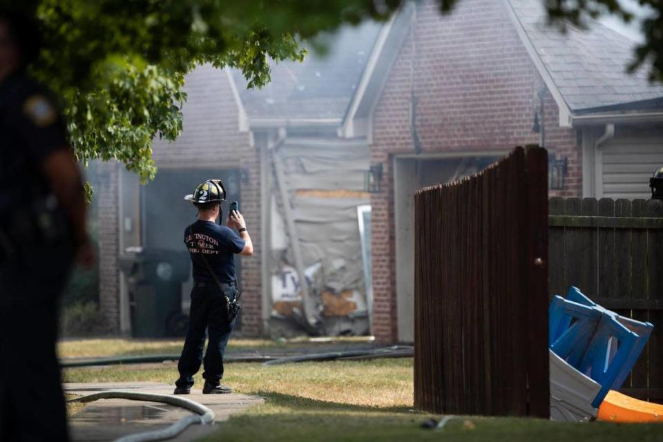 Lexington firefighters respond to a structure fire on Sunny Slope Trace in Lexington, Ky., Friday, July 1, 2022.