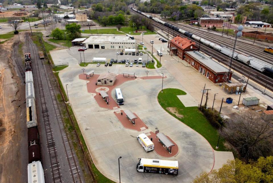 Longivew Transit buses arrive at Longview's multi-modal transportation center on Wednesday March 13, 2024.