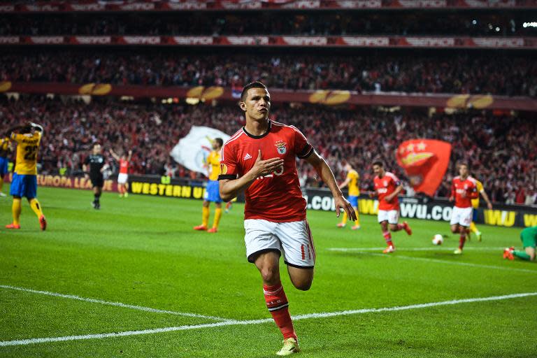 Benfica's Brazilian forward Rodrigo Lima celebrates after scoring a goal against Juventus during the UEFA Europa League semifinal first leg football match SL Benfica vs Juventus at the Luz stadium in Lisbon on April 24, 2014. Benfica won 2-1