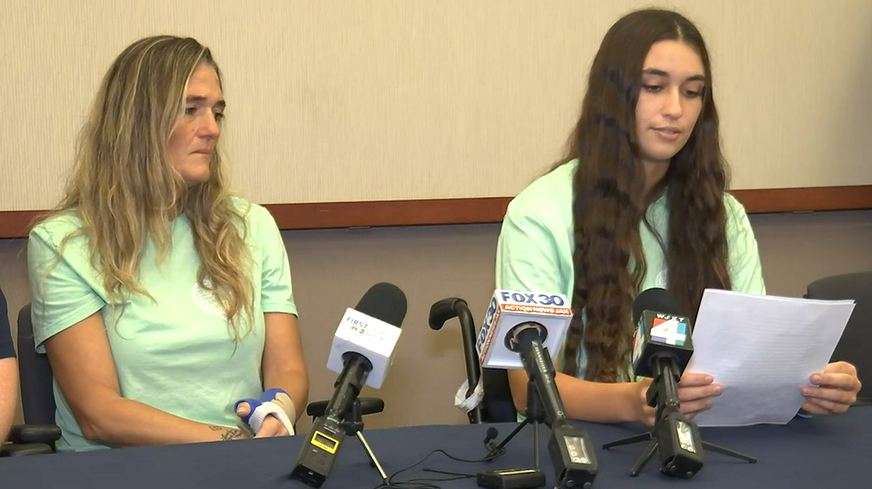 Madison Schemitz, 17, beside her mother Jaclyn Roge, reads her statement Friday updating how's she's doing a little more than a month after the pair were attacked at a Ponte Vedra Beach restaurant.