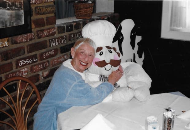 <em>Steven Spielberg's mom, Leah Adler, cuddles an adorable life-sized chef doll at her restaurant, The Milky Way</em><p>Harry Forman</p>
