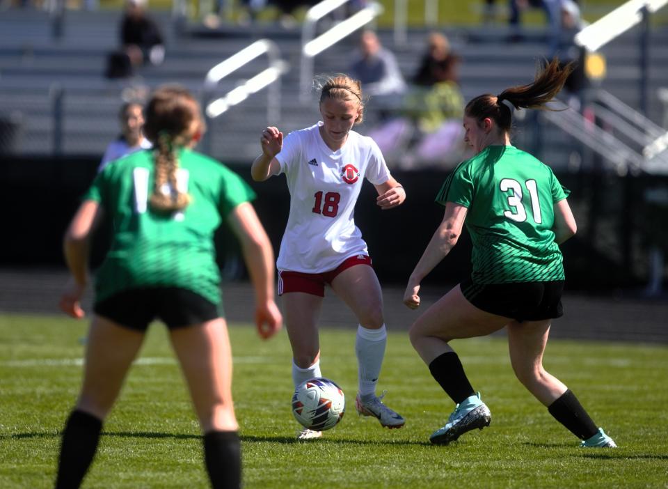 Springfield High's Bridget Lyons controls the ball against Athens during a nonconference girls soccer match on Saturday, April 6. The Senators won 7-0.