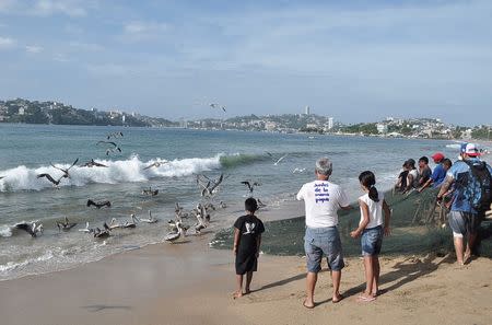 Tourists look out at the sea from on the beach in Acapulco as Hurricane Odile churns far off shore September 14, 2014. REUTERS/Claudio Vargas