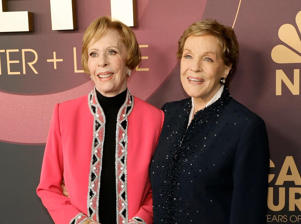 Carol Burnett in pink jacket and Julie Andrews in blue jacket at Carol Burnett event
