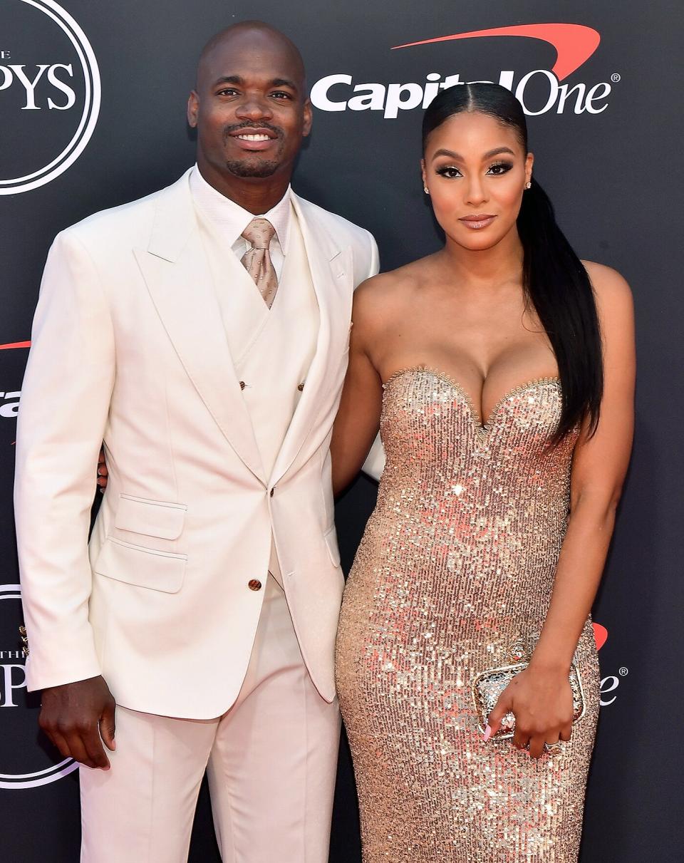 Adrian Peterson (L) and Ashley Brown Peterson attend The 2019 ESPYs at Microsoft Theater on July 10, 2019 in Los Angeles, California.