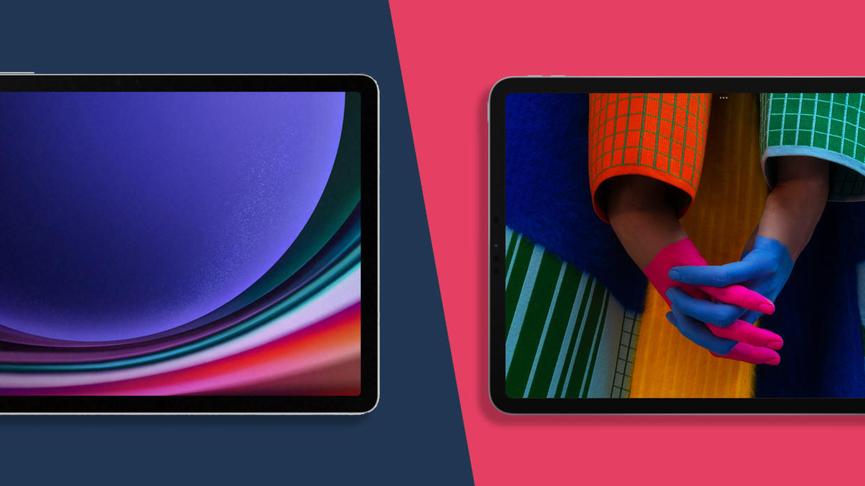  The Galaxy Tab S9 comes in from the left side of the screen, and the iPad Air (2022) comes in from the right. parts of both tablets are offscreen. Color swirls on the Galaxy tablet, and people are holding hands on the iPad. 