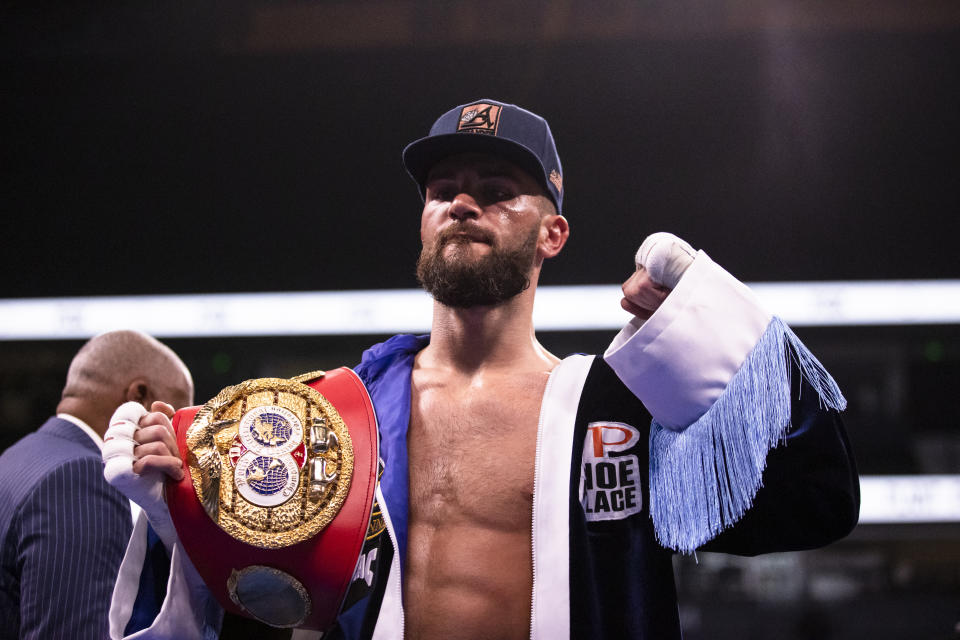 NASHVILLE, TN - FEBRUARY 15:  Caleb Plant of United States poses with his championship belt after defeating Vincent Feigenbutz of Germany in their IBF world super middleweight championship bout at Bridgestone Arena on February 15, 2020 in Nashville, Tennessee. Plant defeats Feigenbutz by TKO during the tenth round. (Photo by Brett Carlsen/Getty Images)