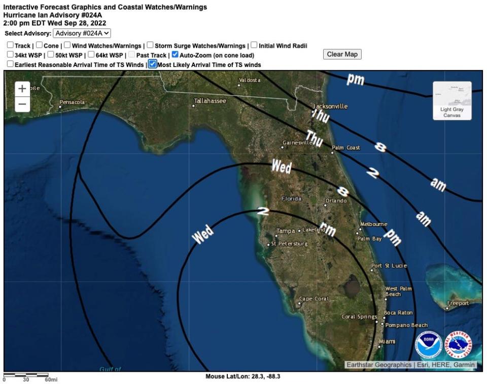 National Hurricane Center 2 p.m. Wednesday, Sept. 28, 2022 advisory for most likely arrival time of tropical storm-force winds for Hurricane Ian.