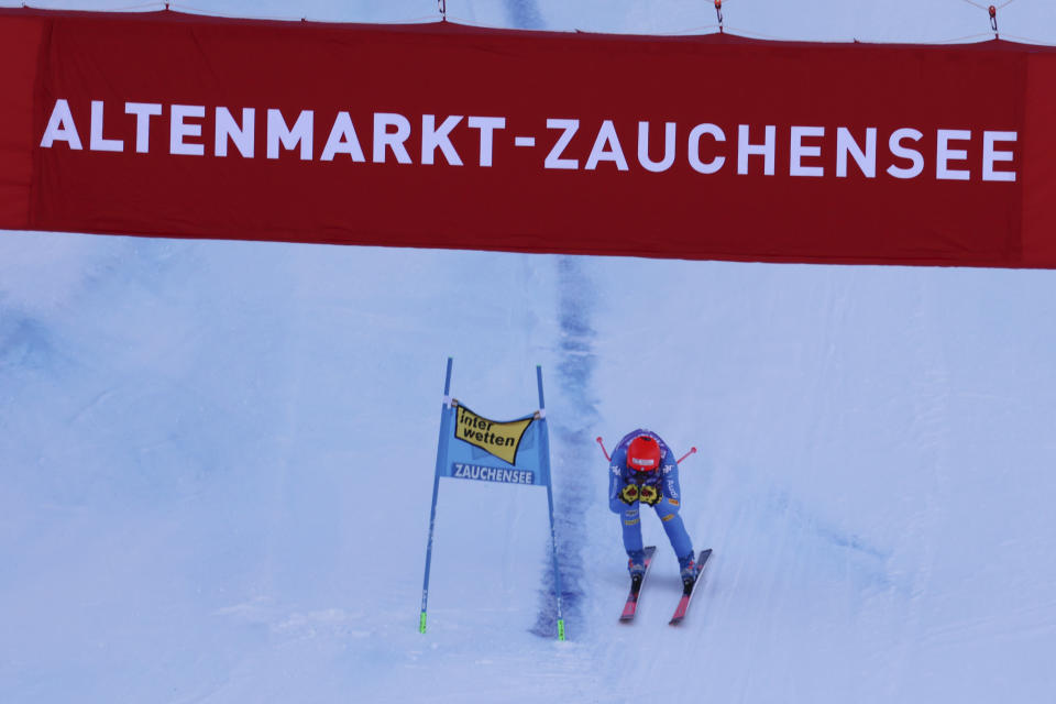 Italy's Federica Brignone crosses the finish line during an alpine ski, women's World Cup super-G race in Zauchensee, Austria, Sunday, Jan. 16, 2022. (AP Photo/Marco Trovati)