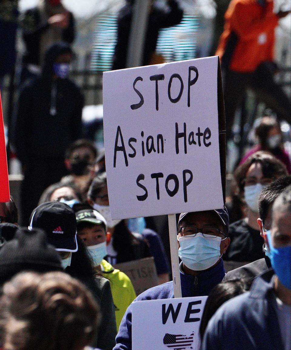 Hundreds of people gather in Atlanta, Ga. on Saturday, Mar. 20, 2021 to protest the killing of eight people, six of them Asian, in Atlanta area massage businesses shootings on March 16, and the increasing violence toward Asian people in the country.