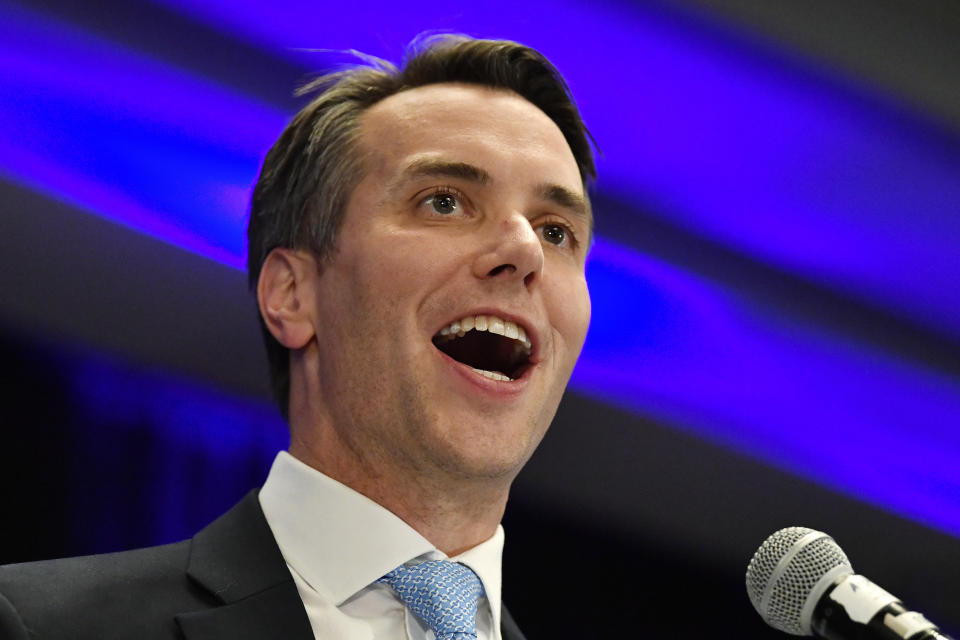 Democrat Morgan McGarvey speaks to supporters in Louisville, Ky., Tuesday, Nov. 8, 2022, after the won the race for the state's 3rd Congressional District. (AP Photo/Timothy D. Easley)