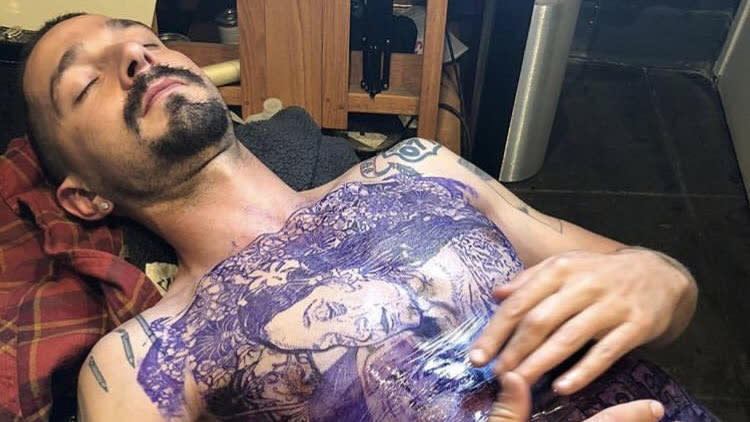 Shia LaBeouf got an extensive chest tattoo for his role in 'The Tax Collector'. (Credit: Instagram/bryanramirezart)