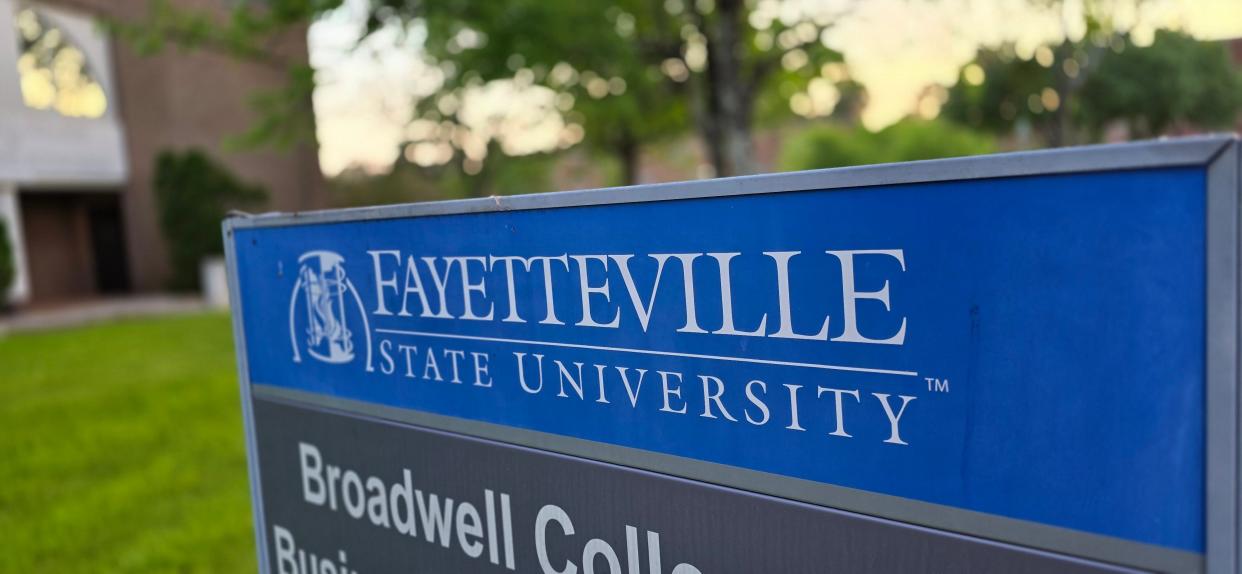 A sign at Fayetteville State University. Fayetteville State Chancellor Darrell Allison held a town hall with faculty on Friday, April 12, 2024.