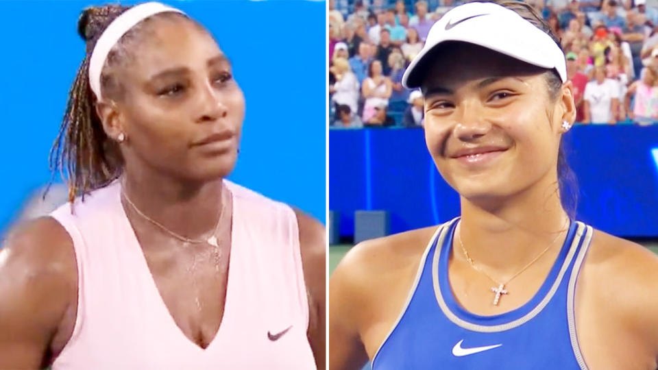 Emma Raducanu, pictured here paying tribute to Serena Williams after their match in Cincinnati.