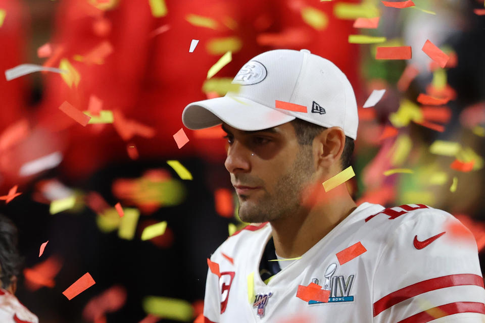 Jimmy Garoppolo #10 of the San Francisco 49ers reacts after losing to the Kansas City Chiefs 31-20 in Super Bowl LIV at Hard Rock Stadium on February 02, 2020 in Miami, Florida. (Photo by Ronald Martinez/Getty Images)