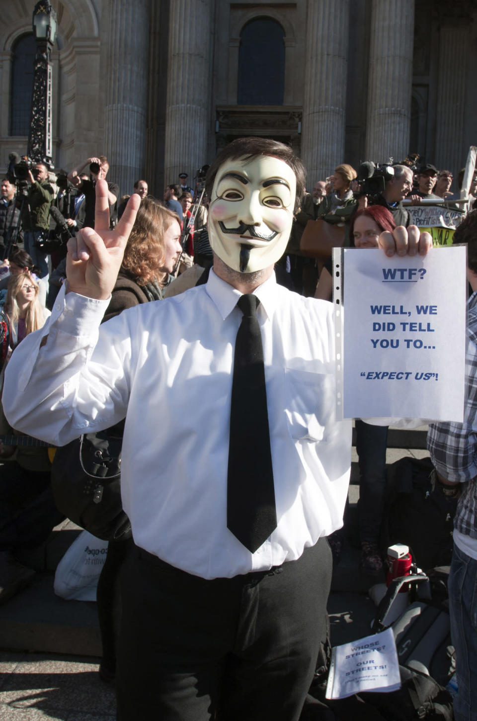 Demonstrator wearing anonymous V For Vendetta Guy Fawkes mask in London- 16 October.