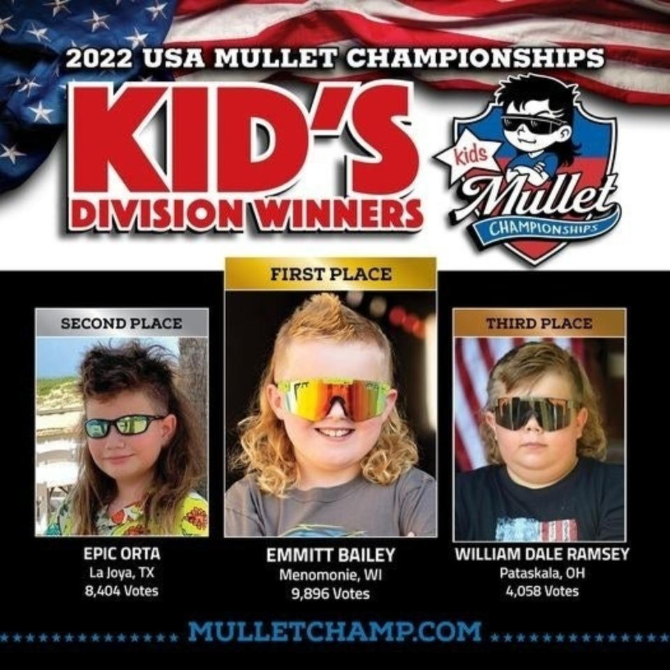 a poster that reads "2022 usa mullet championships" kid's divison winners, followed by three photos of young boys with great mullets