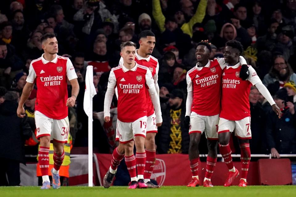 Arsenal's Eddie Nketiah (second right) celebrates scoring their side's third goal of the game during the Premier League match at the Emirates Stadium (PA)