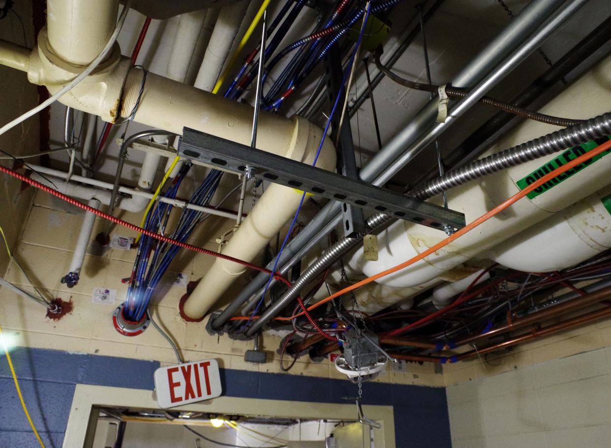 This is some of the complex wiring at Brockton Hospital, seen here on Wednesday, Aug. 2, 2023, which will be covered by a ceiling when repairs are complete. The hospital has been shuttered since a 10-alarm fire on Feb. 7, 2023.