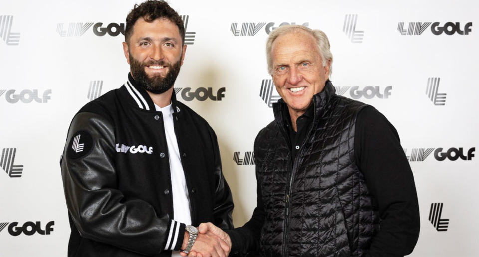 Pictured left to right is golf's World No.3 Jon Rahm and legend Greg Norman.