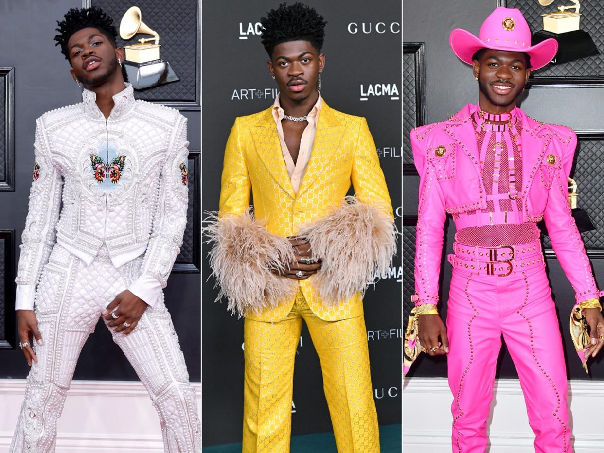 Lil Nas X attends the 64th Annual GRAMMY Awards at MGM Grand Garden Arena on April 03, 2022 in Las Vegas, Nevada. (Photo by Frazer Harrison/Getty Images for The Recording Academy) // LOS ANGELES, CALIFORNIA - NOVEMBER 06: Lil Nas X attends the 10th Annual LACMA Art+Film Gala presented by Gucci at Los Angeles County Museum of Art on November 06, 2021 in Los Angeles, California. (Photo by Axelle/Bauer-Griffin/FilmMagic) // LOS ANGELES, CALIFORNIA - JANUARY 26: Lil Nas X attends the 62nd Annual GRAMMY Awards at STAPLES Center on January 26, 2020 in Los Angeles, California