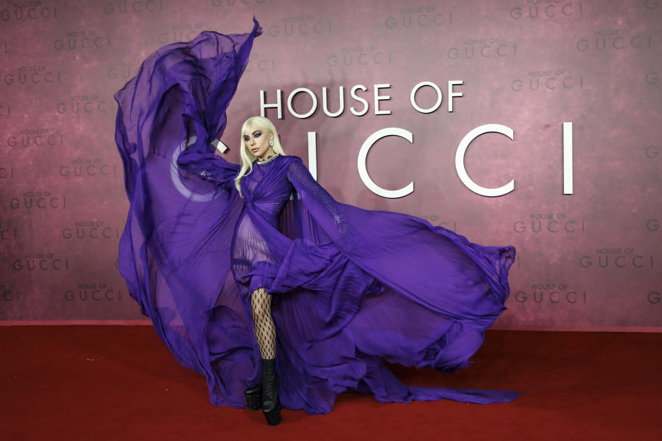 Lady Gaga poses for photographers upon arrival at the World premiere of the film 'House of Gucci' in London Tuesday, Nov. 9, 2021. (Photo by Vianney Le Caer/Invision/AP)