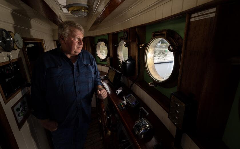 Moss Landing, CA - October 10: John Gregg on the bridge of the newly restored Western Flyer on Tuesday, Oct. 10, 2023 in Moss Landing, CA. (Brian van der Brug / Los Angeles Times)