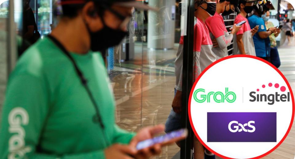 Image showing Grab, Foodpanda and other delivery riders waiting for their parcels, with inset of Grab, Singtel and GXS logos.