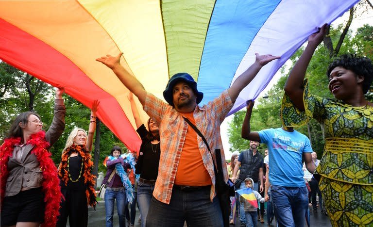 A demonstrator takes part in a Gay Pride parade on June 8, 2013, in Bucharest. Some 400 people took to the streets for the parade on Saturday but a controversial amendment to the constitution banning same-sex marriage overshadowed the event