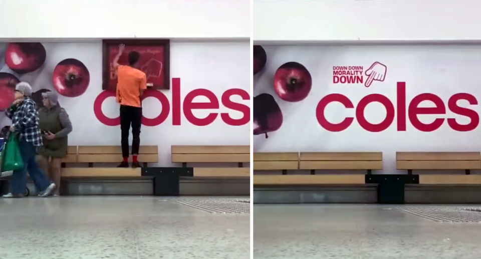 A man is seen vandalising a Coles storefront. 