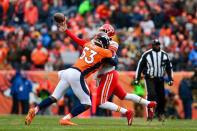 <p>Quarterback Patrick Mahomes #15 of the Kansas City Chiefs is hit by linebacker Deiontrez Mount #53 of the Denver Broncos as he attempts a pass int he first quarter of a game at Sports Authority Field at Mile High on December 31, 2017 in Denver, Colorado. (Photo by Dustin Bradford/Getty Images) </p>