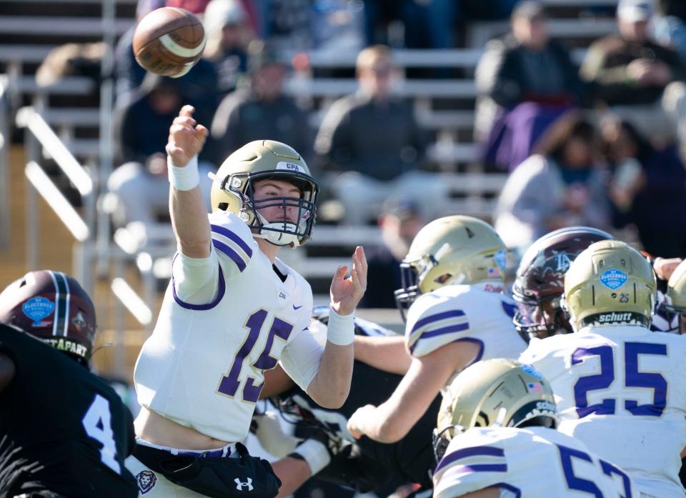 CPA quarterback Braden Streeter (15) throws a pass against Lipscomb Academy during the second quarter of the 2022 Division II Class AA State Football Championship at Finley Stadium Thursday, Dec. 1, 2022 in Chattanooga, Tenn. 