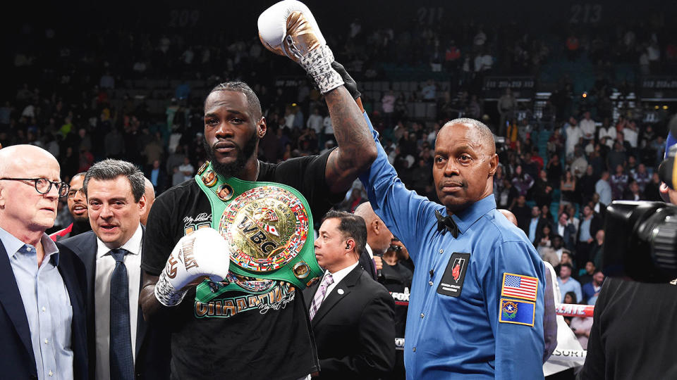 Pictured here, Deontay Wilder celebrates his heavyweight title defence against Luis Ortiz.