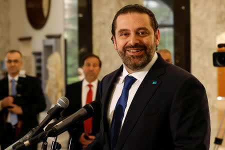 Lebanon's Prime minister-designate Saad al-Hariri reacts at the presidential palace in Baabda, Lebanon May 24, 2018. REUTERS/Dalati Nohra/Handout via REUTERS