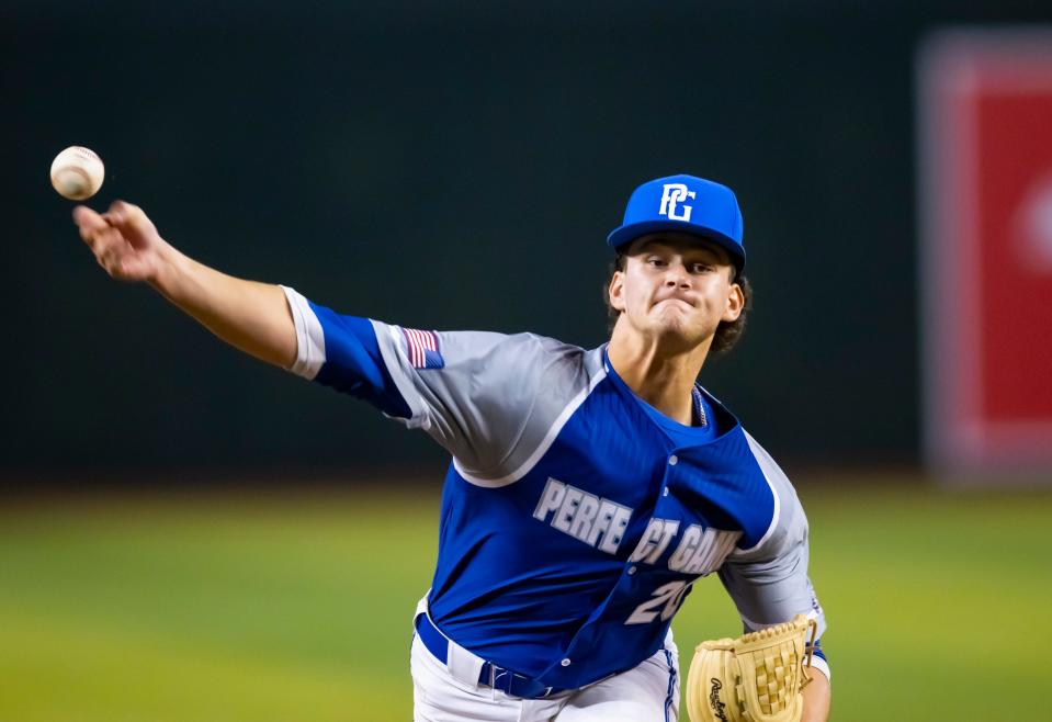 Aug 28, 2022; Phoenix, Arizona, US; East pitcher Josh Knoth (20) during the Perfect Game All-American Classic high school baseball game at Chase Field. Mandatory Credit: Mark J. Rebilas-USA TODAY Sports